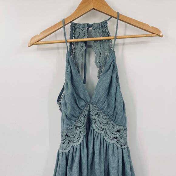 Hello Molly Crochet Detail Mini Swing Dress Halter Open Back V Neck Turquoise XS - Picture 4 of 9